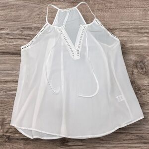 Love Tree White Sheer Sleeveless Tank Halter Neckline Front Lace Accents and Tie